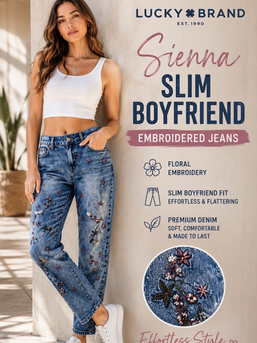 Lucky Brand Sienna Slim Boyfriend Jeans Embroidered Floral Distressed